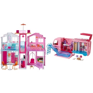 Barbie DLY32 - 3 Etagen Stadthaus Puppenhaus mit 4 Zimmer, Aufzug und Zubehör, ca. 75 cm hoch & FBR34 - Super Abenteuer Camper, Puppen Camping Wohnwagen , Mädchen Spielzeug ab 3 Jahren