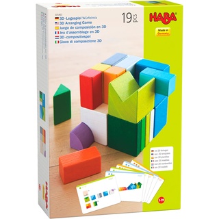 HABA 305463 - 3D-Legespiel Würfelmix, Holzspielzeug zum Legen und Stapeln, 19 Holzbausteine, 10 Vorlagekarten zum Nachbauen, Spielzeug ab 3 Jahren