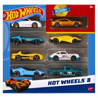 Hot Wheels, Set mit 8 Basic-Spielzeugautos und -Trucks im Maßstab 1:64, inklusive 1 exklusivem Fahrzeug, im Laufe des Jahres erschienen Verschiedene Sortimente, Stil kann abweichen, HPV78