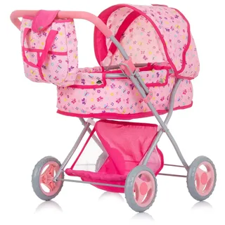 Chipolino Puppenwagen Dora Tasche, klappbar, Softtragetasche, Korb, Sonnendach rosa Schmetterlinge