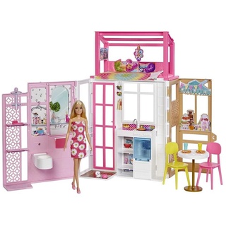 Mattel® Puppenhaus Barbie Haus und Puppe, Puppenhaus-Spielset mit 2 Ebenen komplett eingerichtet rosa