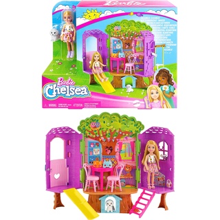 Barbie - Chelsea-Puppe und Baumhaus-Spielset mit Hündchen mit Möbeln, Rutsche und mehr als 10 Zubehörteile für endlosen kreativen Spielspaß, für Kinder ab 3 Jahren, HPL70