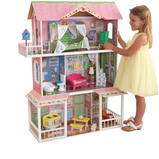 KidKraft Sweet Savannah Puppenhaus aus Holz mit Möbeln und Zubehör, Spielset mit Katze und Himmelbett für 30 cm große Puppen, Spielzeug für Kinder ab 3 Jahre, 65851