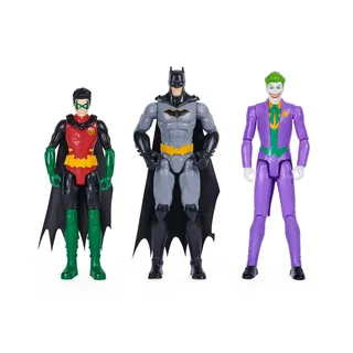 Batman 30cm Figuren-Set aus Batman (Rebirth), Robin und Joker, inkl. Stoffumhang, original Comic-Design