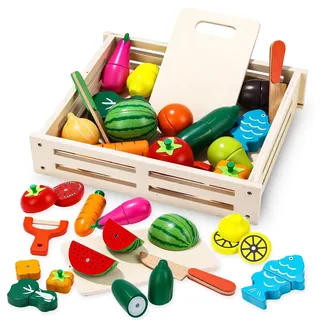 Birshe Holzspielzeug Essen für Kinder Küche, Schneiden von Obst und Gemüse Set für Rollenspiele, Zerlegbar, Spielzeug-Lebensmittel Lernspielzeug Geschenk für Jungen und Mädchen Geburtstag Weihnachten