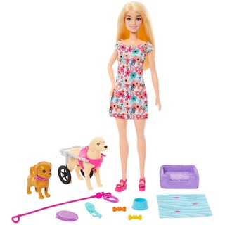 Barbie Hundeduo - Barbie-Puppe und Zubehör, inklusive Hündchen und großem Hund mit Rollstuhl, Leine, Fressnapf, Tierbett und Knochenleckerlis, für Kinder ab 3 Jahren, HTK37