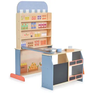 Moni Kinder Kaufladen 4426 Holz, Supermarkt, Tafel, Tasche, Kasse mit Scanner blau