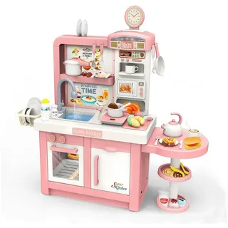 Esun Spielküche Spielküche & Tee Set Kinder, Kinderküche mit Mikrowelle, Kochfeld, mit Sound- und Licht, Küche mit Wasser Funktion rosa