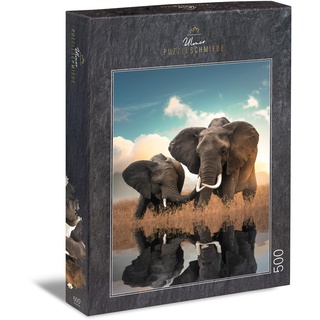 Ulmer Puzzleschmiede - Puzzle „Father & Son“ - Klassisches 500 Teile Elefanten-Puzzle – Sympathisches Puzzlemotiv afrikanische Elefanten am Wasser - Tiere & Tierkinder als Puzzle Made in Germany