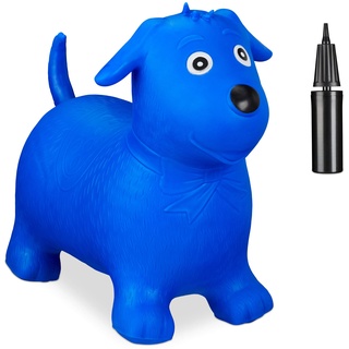 Relaxdays 10030899_45 Hüpftier Hund, inklusive Luftpumpe, Hüpfhund bis 80 kg, Hopser BPA frei, für Kinder, Hüpfspielzeug, blau, 45 x 55 x 27 cm