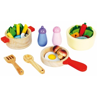 Kochgeschirr-Set für Spielküche aus Holz, Pfanne und Lebensmittel