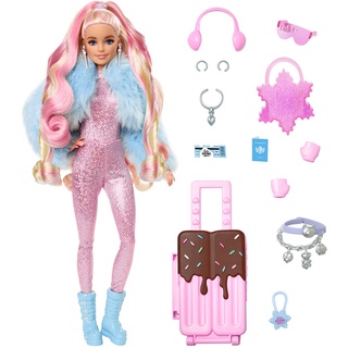 Barbie Extra Fly - Reisepuppe mit Winter-Outfit und Zubehör, 15 Accessoires wie Ohrenschützer, Handschuhe, Skibrille und Koffer, für Kinder ab 6 Jahren, HPB16