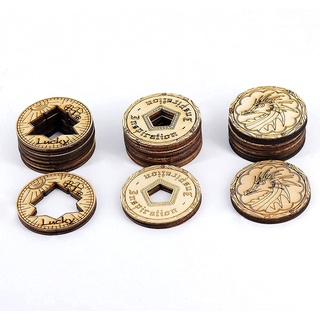 DND Tokens Lasergeschnittene Holzmünzen, Set mit 15 Stück in 3 Stilen, Glücksklee, Inspiration und Drache, perfekt für Dungeons & Dragons, Pathfinder, RPG und Brettspiel