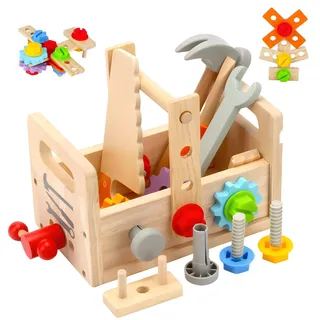 Newpop Werkzeugkoffer Kinder, Kinderwerkzeug, Holzspielzeug Lernspiele, Werkzeugkasten Kinder, Werkzeuge ab 3 Jahre, Spielzeug Werkzeug, Werkzeugspielzeug, Spielwerkzeug Bausatzs, Junge, Mädchen