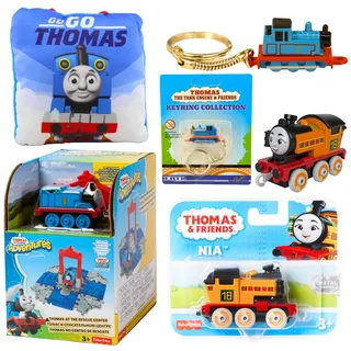 Thomas & Friends Spielzeugfiguren-Spielset, Druckguss-Schlüsselanhänger, Kissen und Druckguss-Motorfiguren-Bündel – Set 8 – Rettungszentrum-Spielset, Druckguss-Schlüsselanhänger,