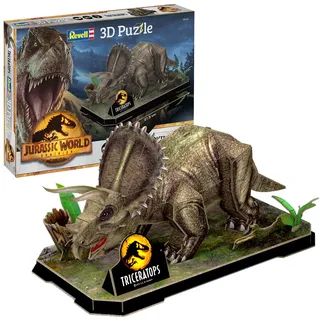 Revell Triceratops 3D Puzzle | Jurassic World Dominion | Detailliertes Dinosaurier Modell mit Dioramaplatte | Ideal für Sammler und Kinder ab 10 Jahren | Kreatives Bausatz Geschenk | 44 Teile