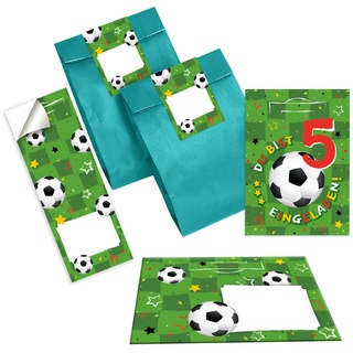 12 Einladungskarten zum 5. Kindergeburtstag fünfte Geburtstag Junagen Fussball Fußball incl. 12 Umschläge, 12 Tüten / Petrol, 12 Aufkleber