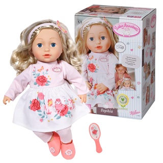 Zapf Creation 706572 Baby Annabell Sophia 43cm- weiche Stoffpuppe mit langen blonden Haaren, rosa Puppenkleidung bestehend aus Kleid, Leggings, Schuhen, Haarband und Bürste.