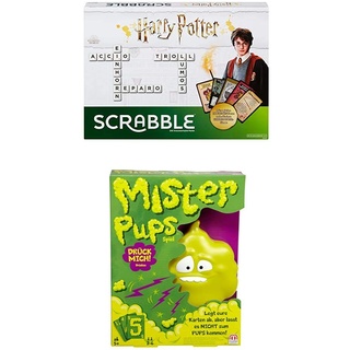 Mattel Games GMG29 - Scrabble Harry Potter Wörterspiel in deutscher Sprachversion + Mister Pups lustiges Kartenspiel und Kinderspiel geeignet für 2 - 6 Spieler