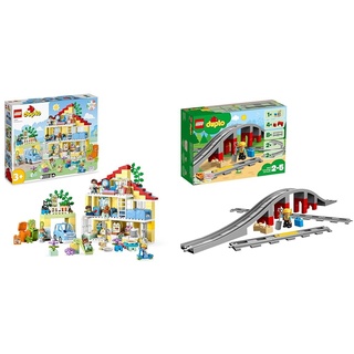 LEGO 10994 DUPLO 3-in-1-Familienhaus, Puppenhaus aus Bausteinen mit Push&Go Auto & 10872 DUPLO Eisenbahnbrücke und Schienen-Set, Eisenbahn
