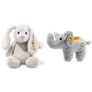 Steiff Hoppie Hase - 28 cm - Plüschhase mit Schlappohren - Soft Cuddly Friends - Kuscheltier für Kinder - waschbar - hellgrau (080470) & Mini Knister-Elefant mit Rassel - 11 cm - grau (240690)