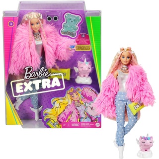 Barbie Extra, Barbie Puppe mit extra langen Haaren, inkl. Barbie Kleidung wie flauschiger Mantel und Barbie Zubehör wie Einhorn Schweinchen, Spielzeug ab 3 Jahre, GRN28