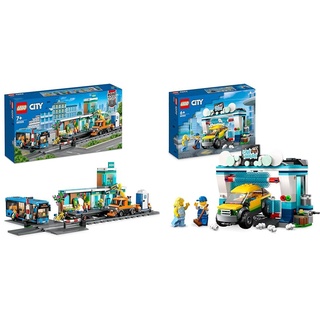 LEGO 60335 City Bahnhof, Spielzeug Mit Schienen-LKW & 60362 City Autowaschanlage, Set mit Spielzeugauto für Kinder ab 6 Jahren