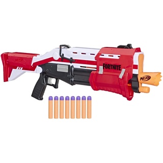 NERF Hasbro E7065EU4 TS Pump-Action Blaster, 8 Mega Fortnite Darts, Dartaufbewahrungsfach - Für Jugendliche und Erwachsene Rot