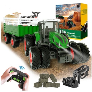 Esun RC-Traktor Ferngesteuerter Traktor Spielzeug ab 2 3 4 5Jahre, (Packung, Komplettset), Kuh, Schaf und Heuballen, Traktor mit Anhänger Spielzeug ab 2-5 Jahre grün