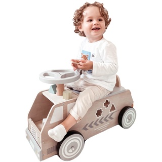 Mamabrum, Aufsitzauto aus Holz, Spielzeugauto mit Blöcken enthalten, Spielzeug für EIN Kind 2+, Holzauto für Jungen, Mädchen, dezente Farben, Spielzeug für Babys, Kleinkinder