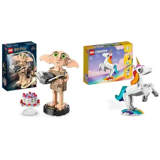 LEGO 76421 Harry Potter Dobby der Hauself Set & 31140 Creator 3in1 Magisches Einhorn Spielzeug, Seepferdchen, Pfau, Regenbogen-Einhorn-Tierfiguren, Geschenk für Mädchen und Jungen, baubares Spielzeug