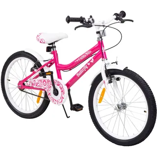 Actionbikes Kinderfahrrad Butterfly 20 Zoll, Pink, Fahrradständer, Kettenschutz, Antirutschgriffe (Pink/Weiß)