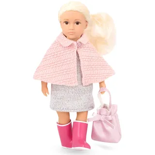 Lori 45714 Puppe Elizabeth, 15cm, Lange Blonde Haare, Blaue Augen, ab 3 Jahren, Stehpuppe, beweglich, weicher Körper, Cape, Stiefel pink, Wollkleid, mehrfarbig