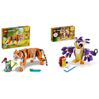LEGO 31129 Creator Majestätischer Tiger, Panda oder Fisch, 3-in-1 Tierfiguren-Set & 31125 Creator 3-in-1 Wald-Fabelwesen: Hase-Eule-Eichhörnchen, Set mit Tierfiguren zum Bauen, Spielzeug ab 7 Jahre