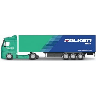 Bburago Spielzeug-Auto Modelltruck Mercedes Actros mit Auflieger (Maßstab 1:43) Falken Tires, detailliertes Modell grün