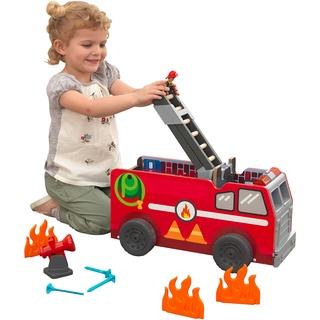 KidKraft Feuerwehrauto und Feuerwehrstation 2-in-1-Spielset aus Holz mit Sirene und realistischen Lichteffekten, Spielzeug für Kinder ab 3 Jahre, 20042