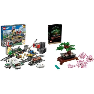 LEGO City Güterzug, Set mit batteriebetriebenem Motor & Icons Bonsai Baum Set für Erwachsene, Pflanzen Home Deko Set